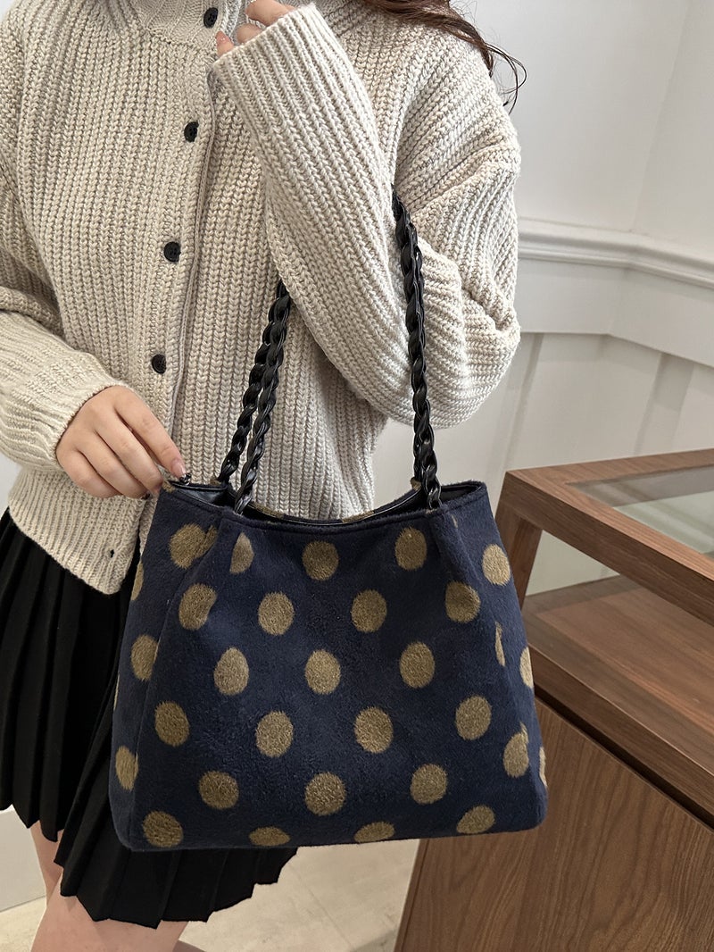 Vintage Polka Dot Suede Handbag Women'S Large Capacity Shoulder Underarm Bag Chain Tote Bag - Image 5
